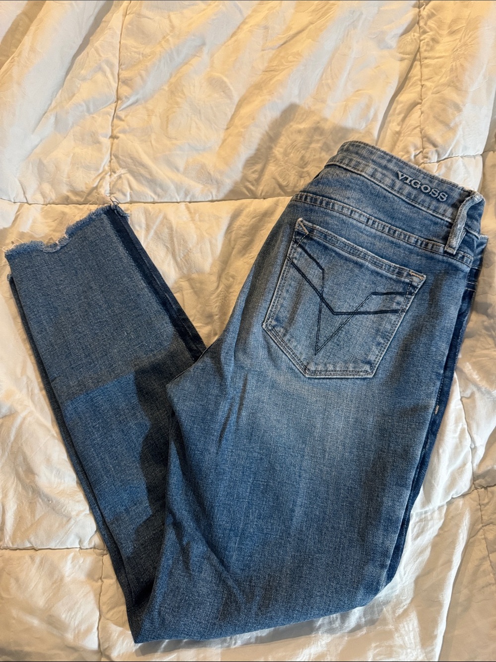 Vigoss Medium Blue Skinny Jeans with Darker Seam Stripe and Frayed Hem 28